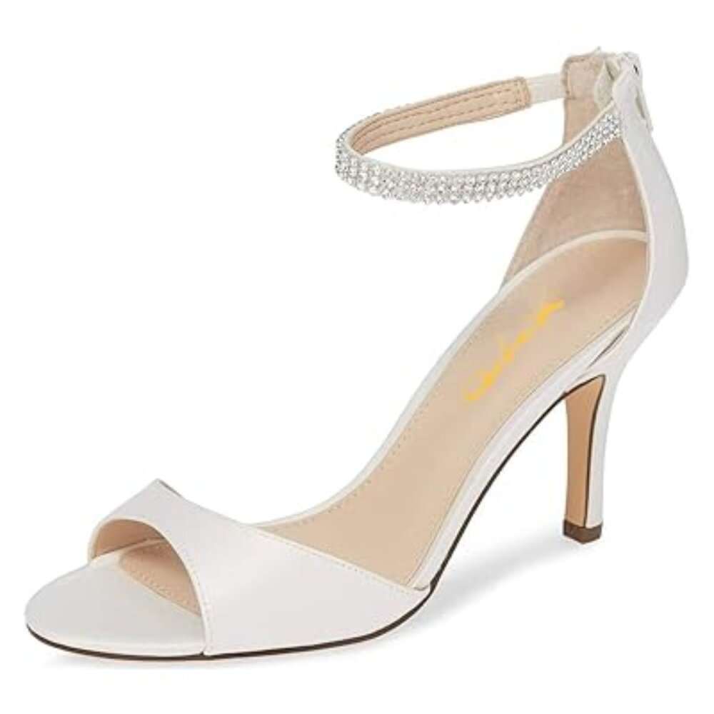 XYD Women's Open Toe Rhinestones Ankle Strap Sandals Mid Heel Pumps Bridal Eveni